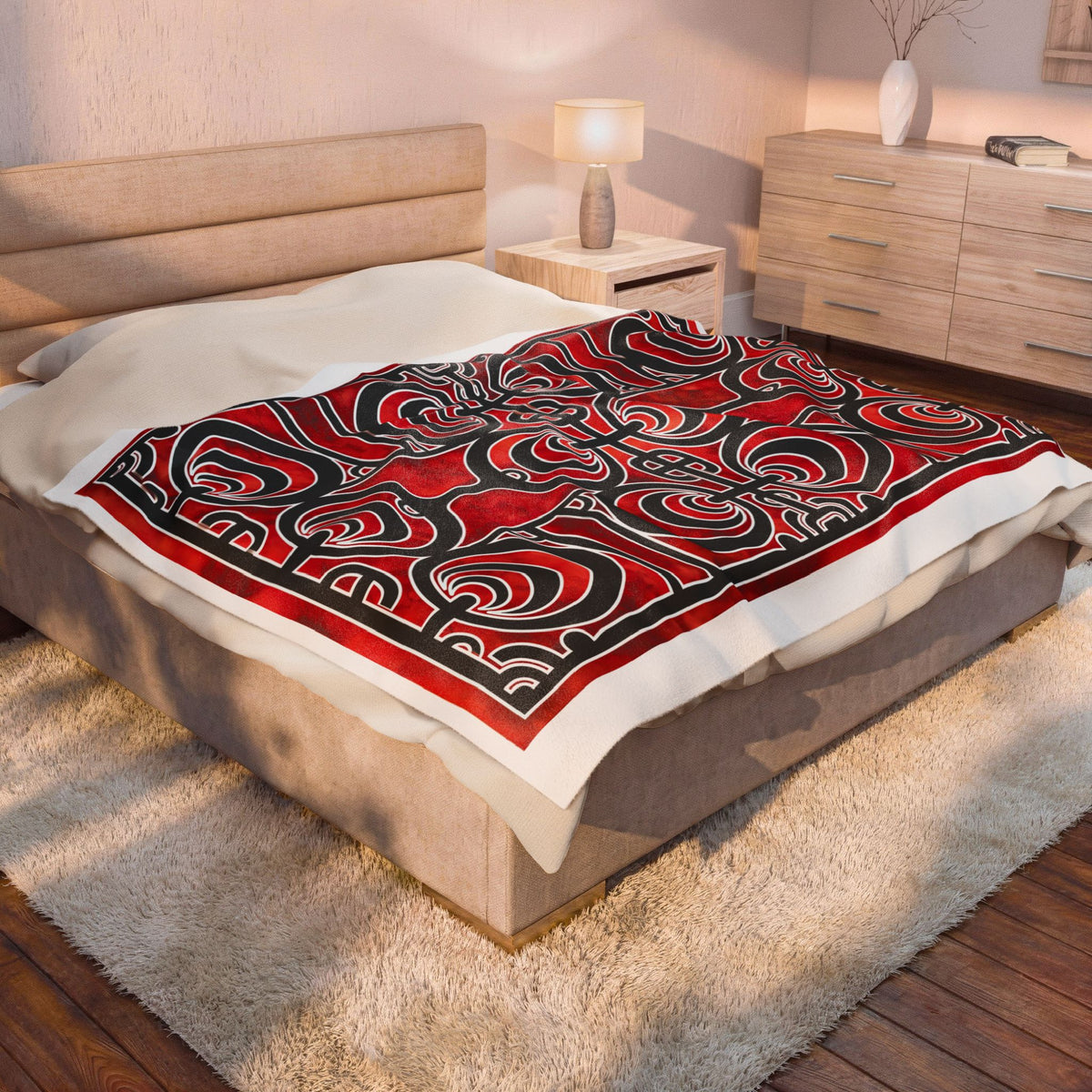 Marquesas Ipu Red & Black Velveteen Plush Blanket — Retro Art Deco Throw