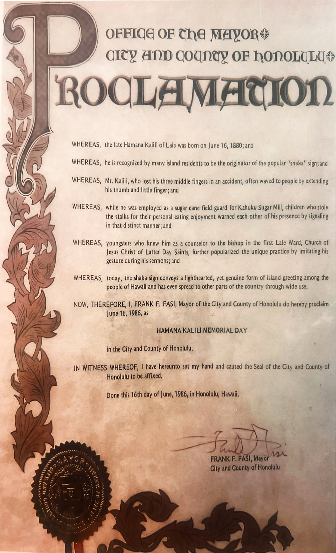 Mayor's Proclamation of HAMANA KALILI MEMORIAL DAY, inventor of the SHAKA gesture