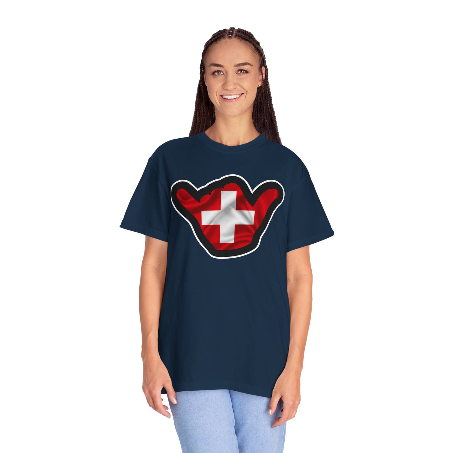 Swiss Shaka T-Shirt – Red Swiss Flag Shaka Graphic